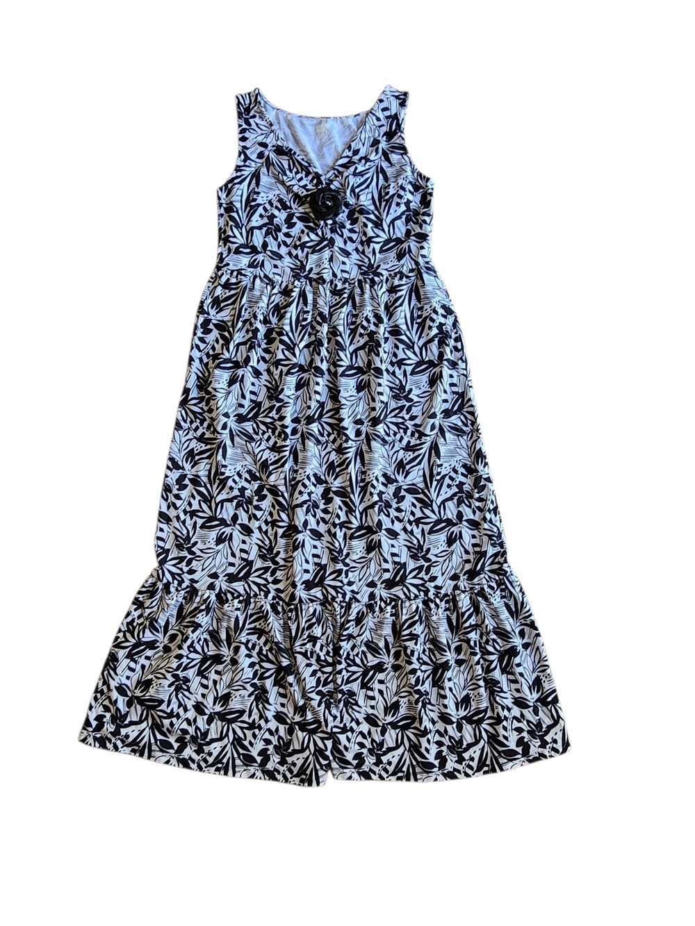 Lands' End Black White Floral Maxi Tank Dress Tiered Rosette Pin Like New Sz M